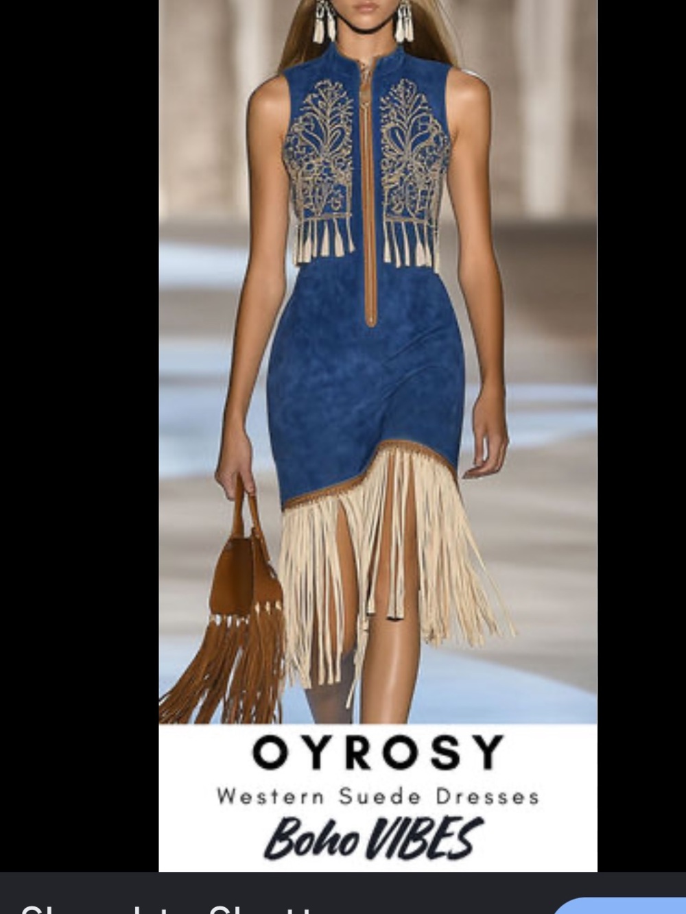 OYROSY Blue Suede Fringe Boho Dress